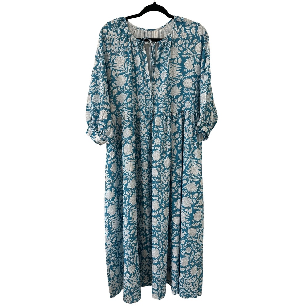 Womens Floral Teal Puff Sleeve Maxi Dress Size L Vacay Coastal‎ Tropical Cruise